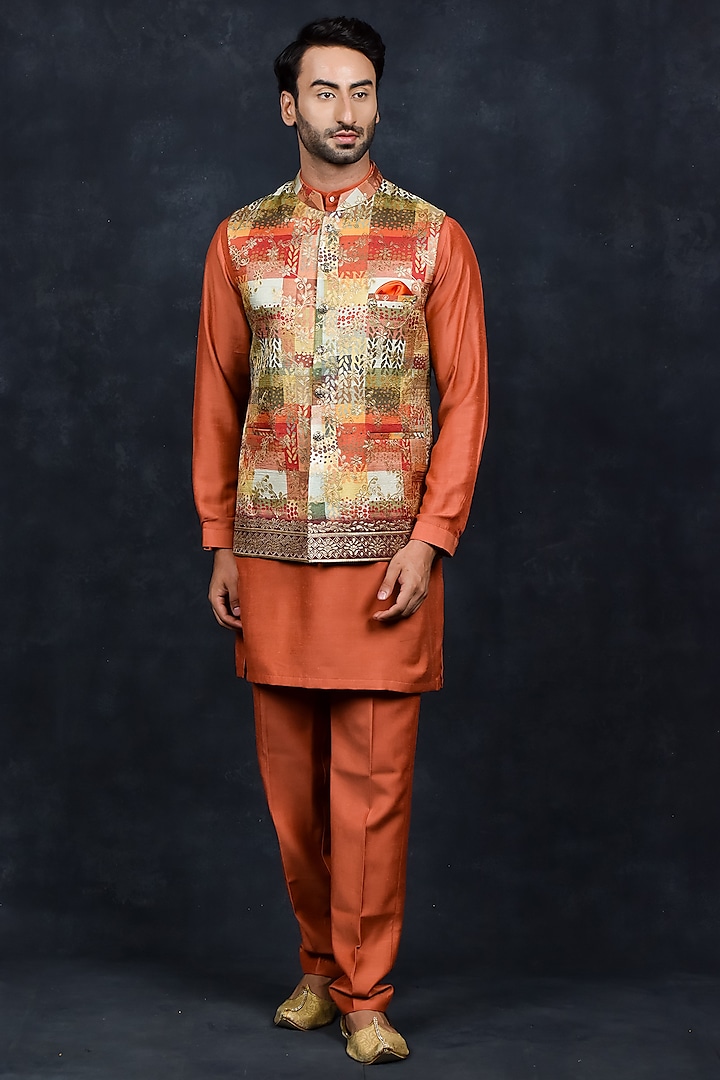 Orange Silk Thread Embroidered Bundi Jacket Set by Soniya G Men at Pernia's Pop Up Shop