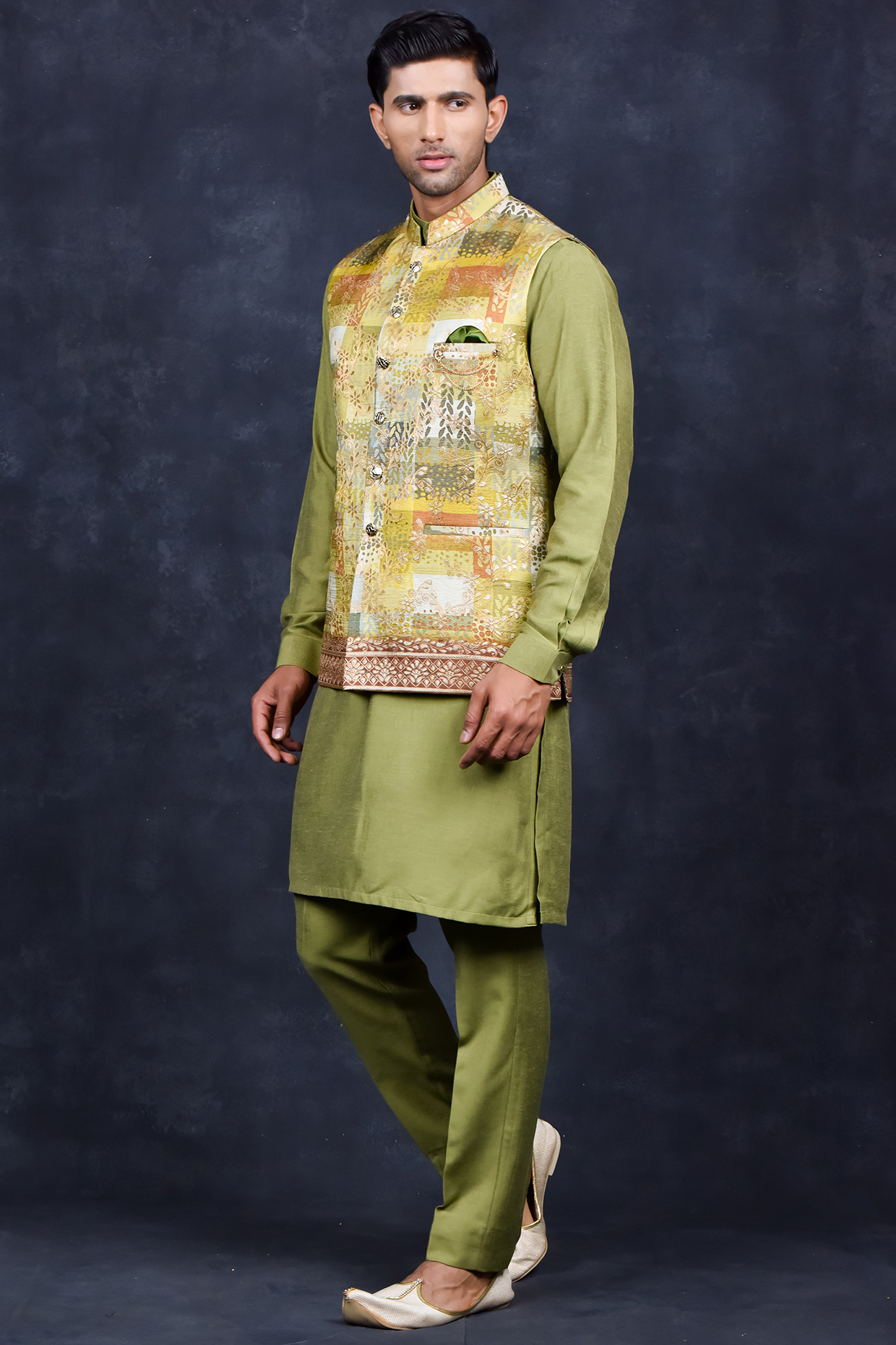 Green Silk Thread Embroidered Bundi Jacket Set by Soniya G Men