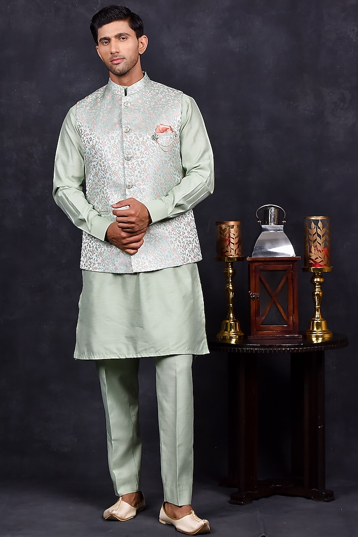 Light Green Silk Thread Embroidered Bundi Jacket Set by Soniya G Men