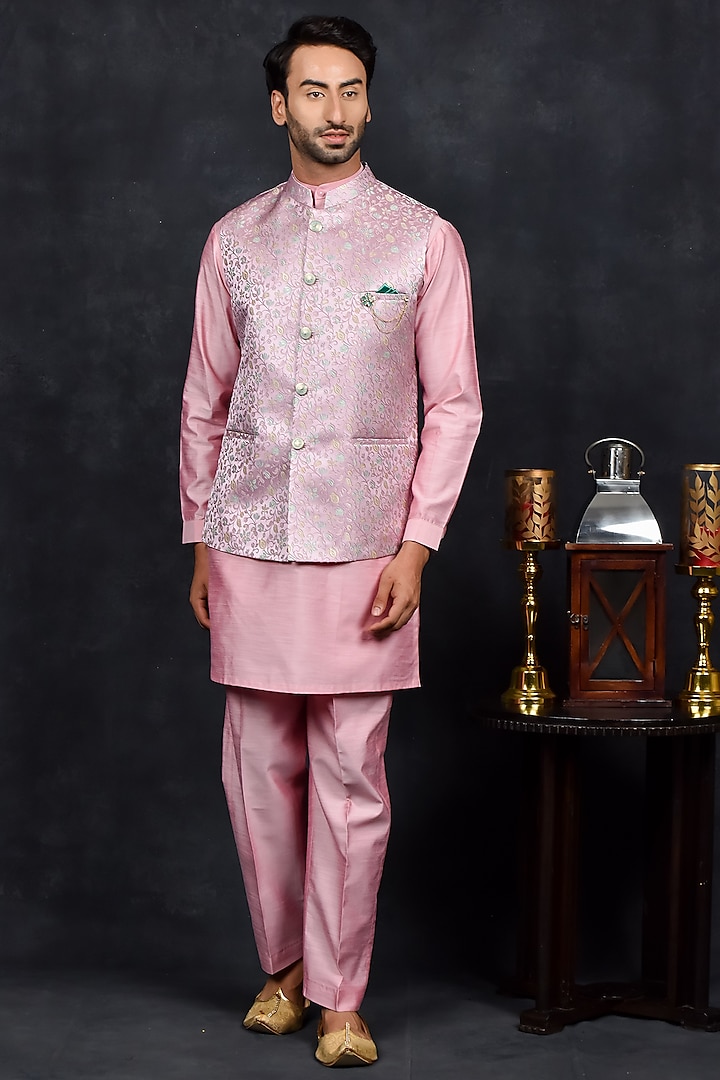Pink Silk Thread Embroidered Bundi Jacket Set by Soniya G Men