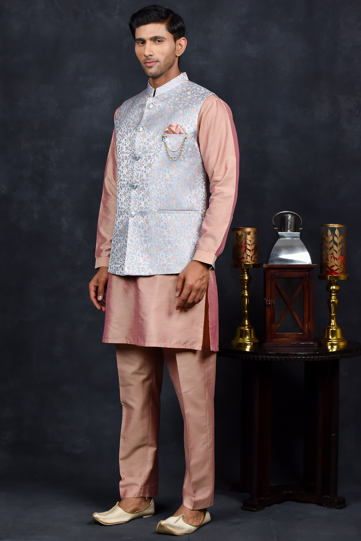 Blue Silk Thread Embroidered Bundi Jacket Set by Soniya G Men