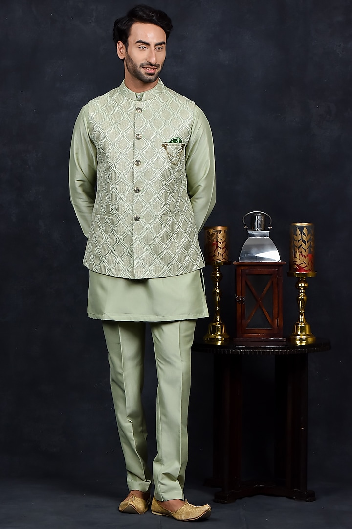 Green Silk Thread Embroidered Bundi Jacket Set by Soniya G Men