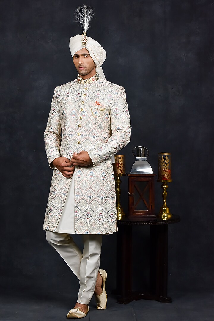 Cream Georgette Zari Embroidered Wedding Sherwani Set by Soniya G Men at Pernia's Pop Up Shop