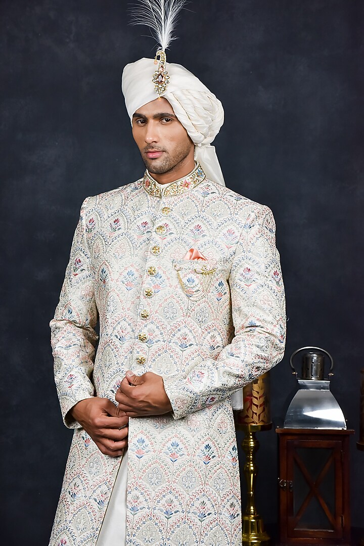 Cream Georgette Zari Embroidered Wedding Sherwani Set by Soniya G Men at Pernia's Pop Up Shop