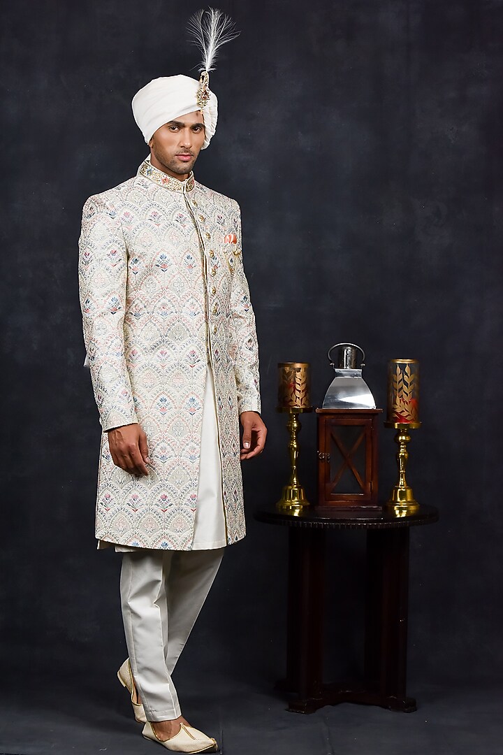 Cream Georgette Zari Embroidered Wedding Sherwani Set by Soniya G Men at Pernia's Pop Up Shop