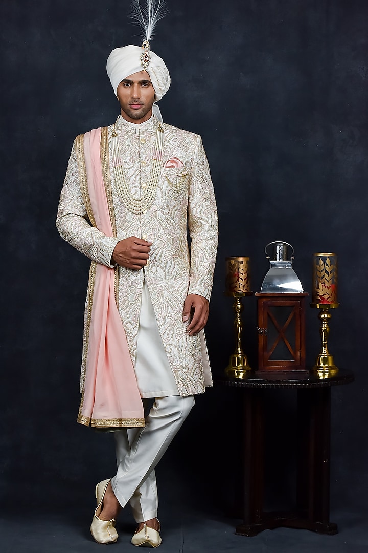 Off-White Georgette Zari Embroidered Sherwani Set by Soniya G Men