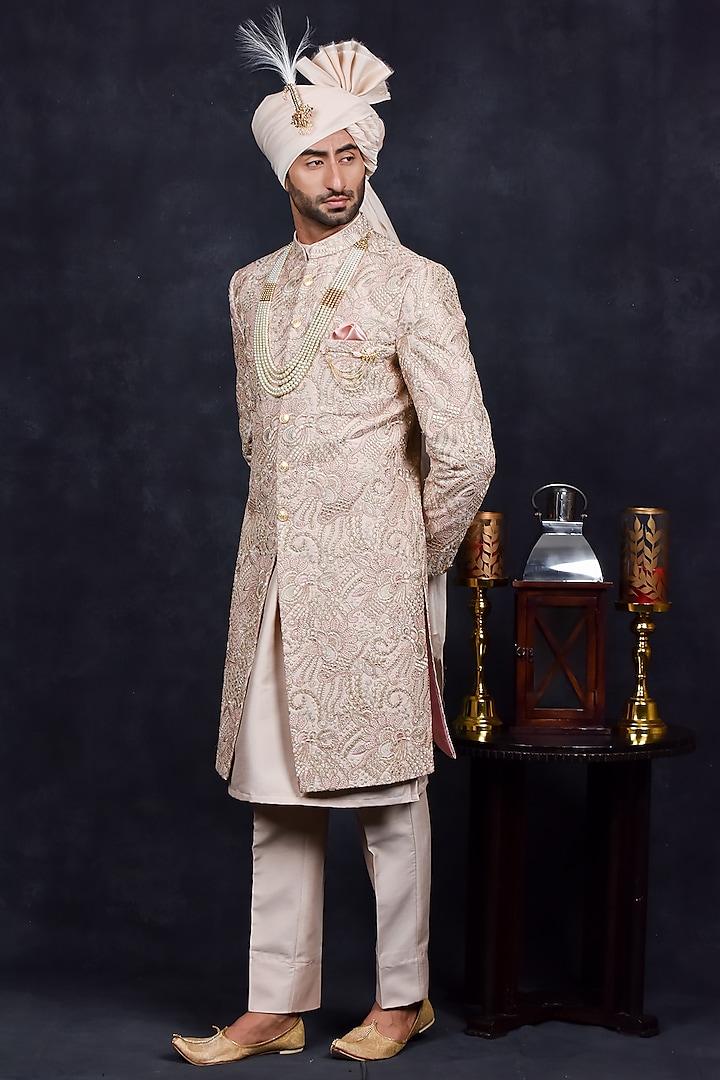 Wedding Sherwani Dressing For Groom Pale Pink Georgette Zari Embroidered  Wedding Sherwani Set By