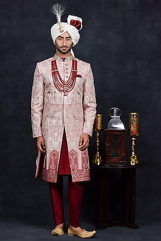 White & Red Georgette Zari Embroidered Sherwani Set by Soniya G Men