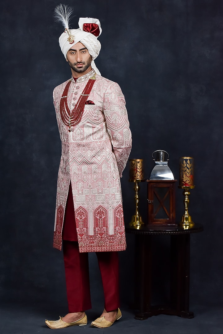 White & Red Georgette Zari Embroidered Wedding Sherwani Set by Soniya G Men at Pernia's Pop Up Shop