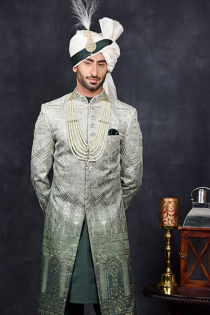 White & Green Georgette Zari Embroidered Wedding Sherwani Set by Soniya G Men at Pernia's Pop Up Shop