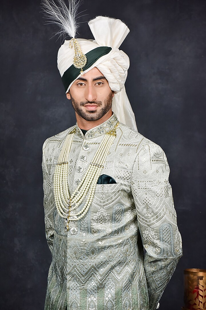 White & Green Georgette Zari Embroidered Wedding Sherwani Set by Soniya G Men at Pernia's Pop Up Shop
