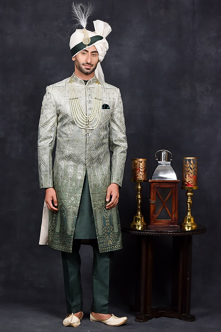 White & Green Georgette Zari Embroidered Wedding Sherwani Set by Soniya G Men at Pernia's Pop Up Shop