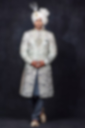 White & Grey Georgette Zari Embroidered Sherwani Set by Soniya G Men