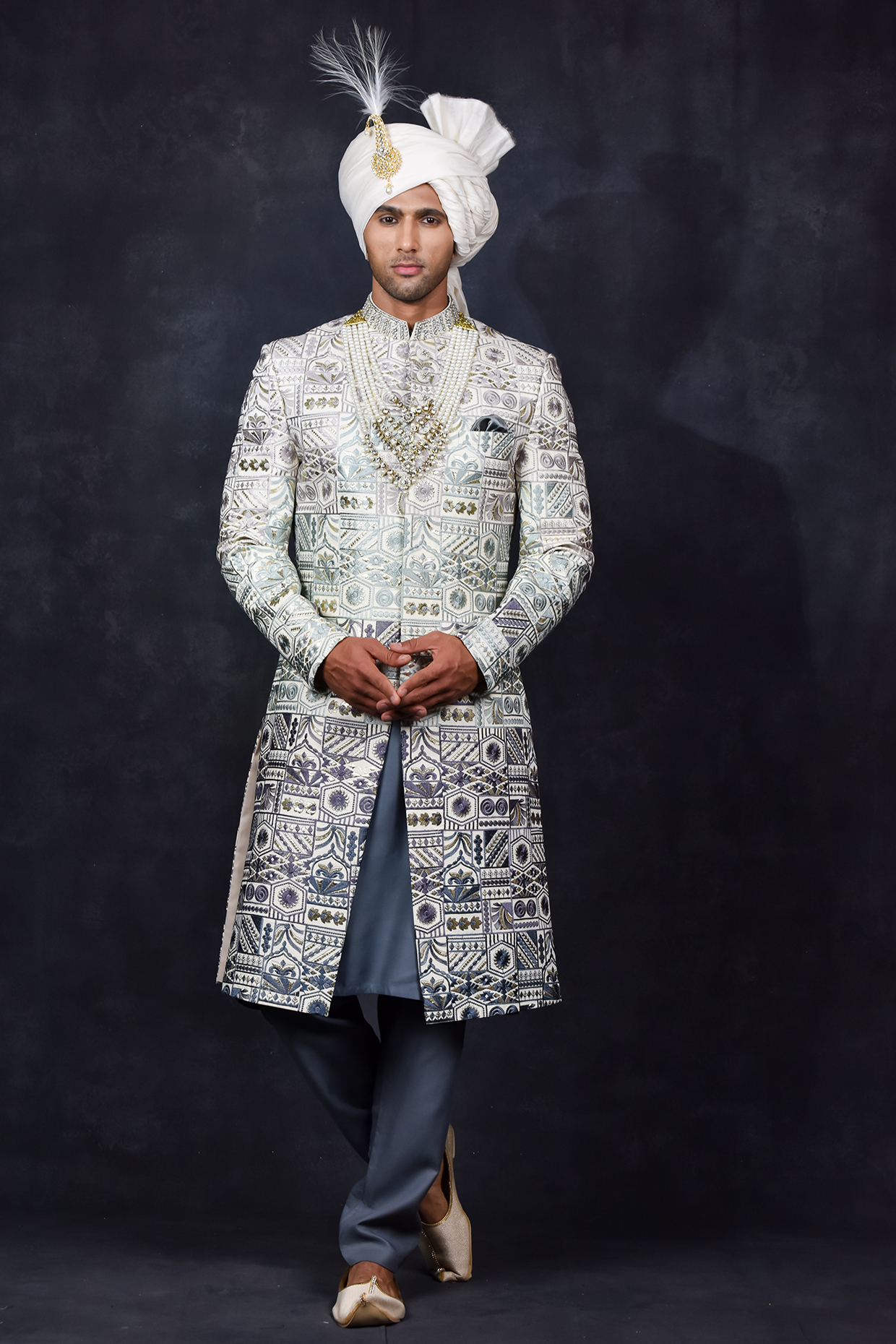 White & Grey Georgette Zari Embroidered Sherwani Set by Soniya G Men
