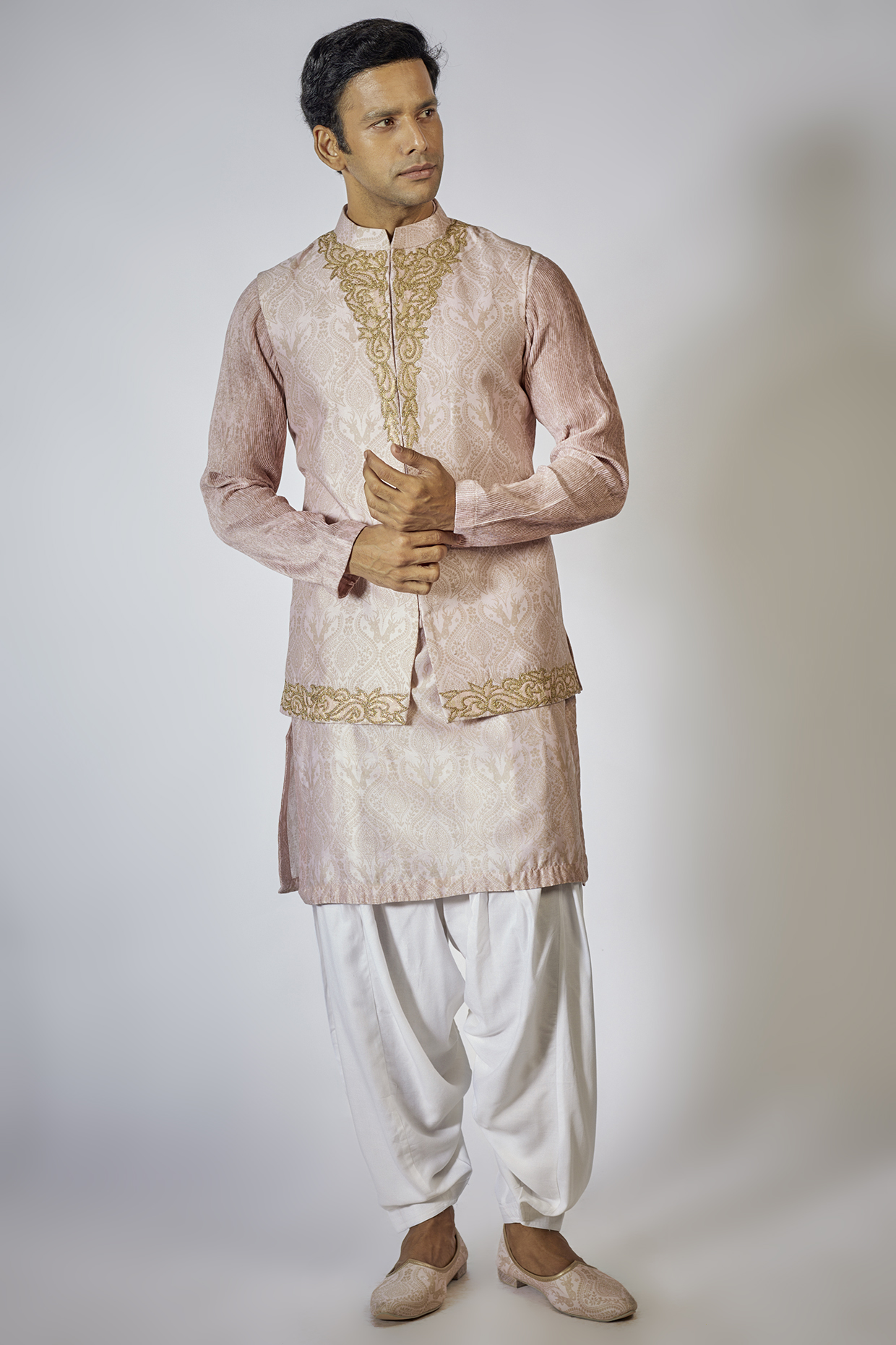 Soft Pink Chanderi Silk Embroidered Nehru Jacket Set by Soniya G Men