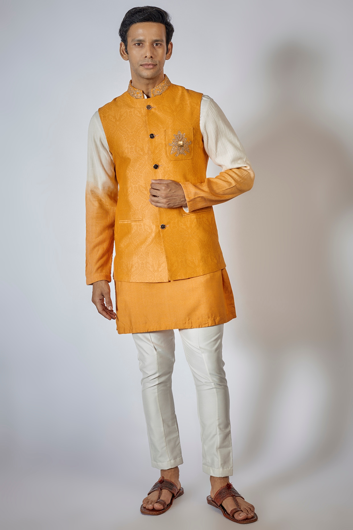 Mens Mustard Cotton Floral Print Nehru Jacket – Spring Break