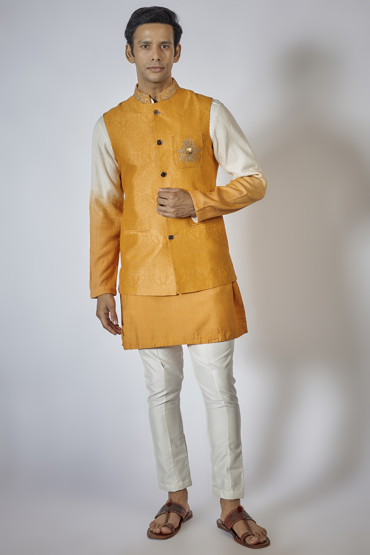 Mustard Handloom Silk Nehru Jacket Set by Soniya G Men