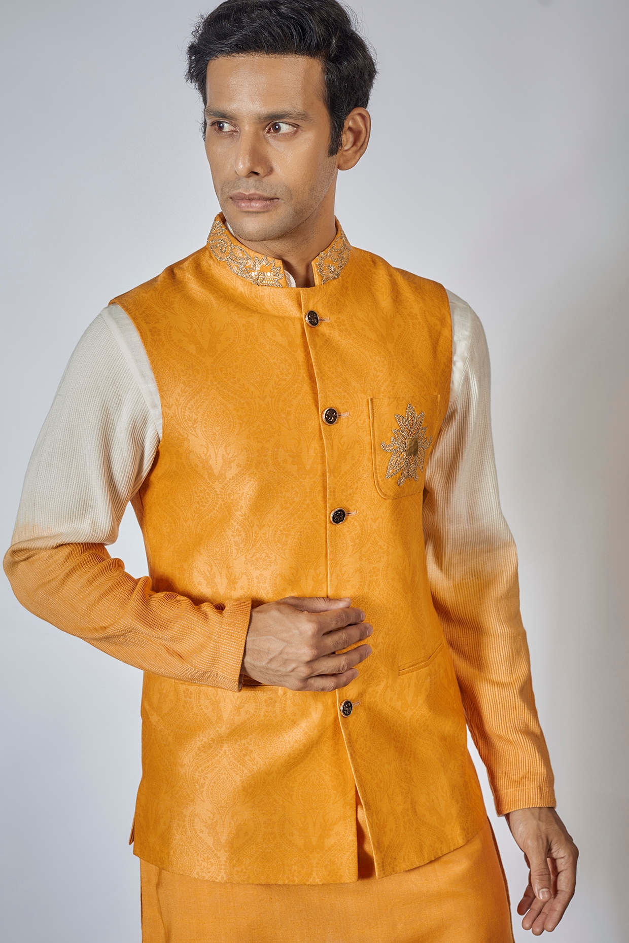Buy Namaskar Dupion Silk Nehru Jacket/Modi Jacket For Men(Yellow) at  Amazon.in