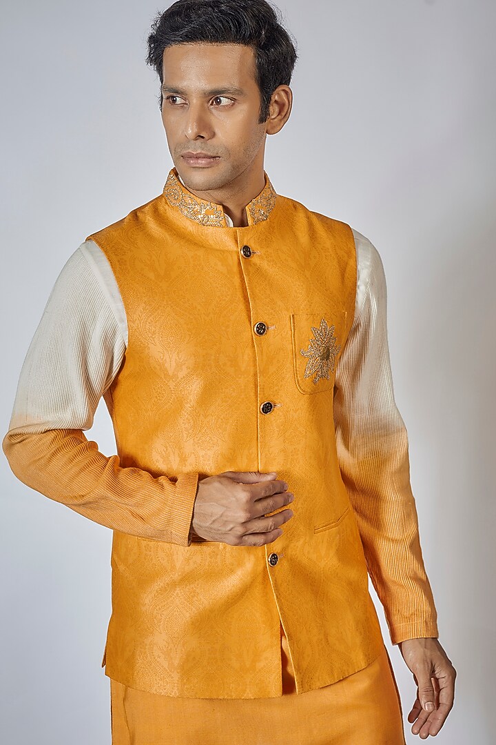 Mustard Handloom Silk Nehru Jacket Set by Soniya G Men at Pernia's Pop Up Shop