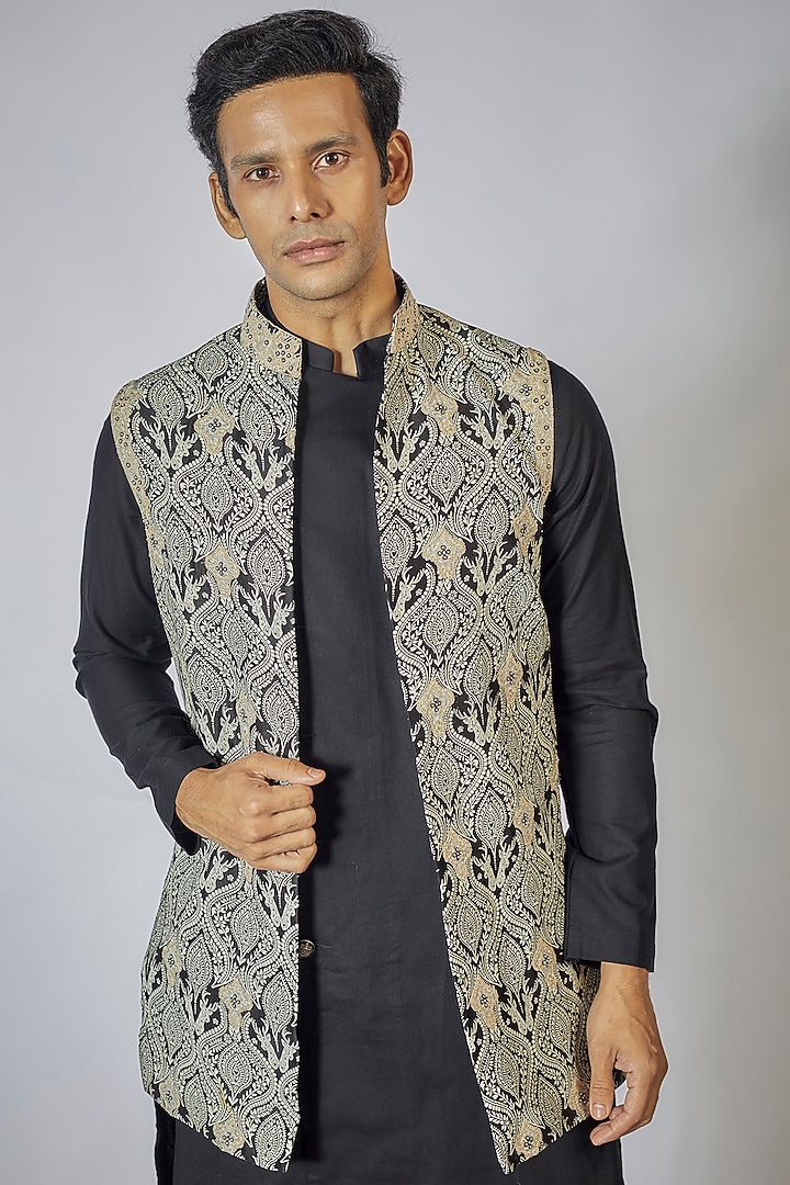 Black Khadi Printed Jacket Set by Soniya G Men at Pernia's Pop Up Shop