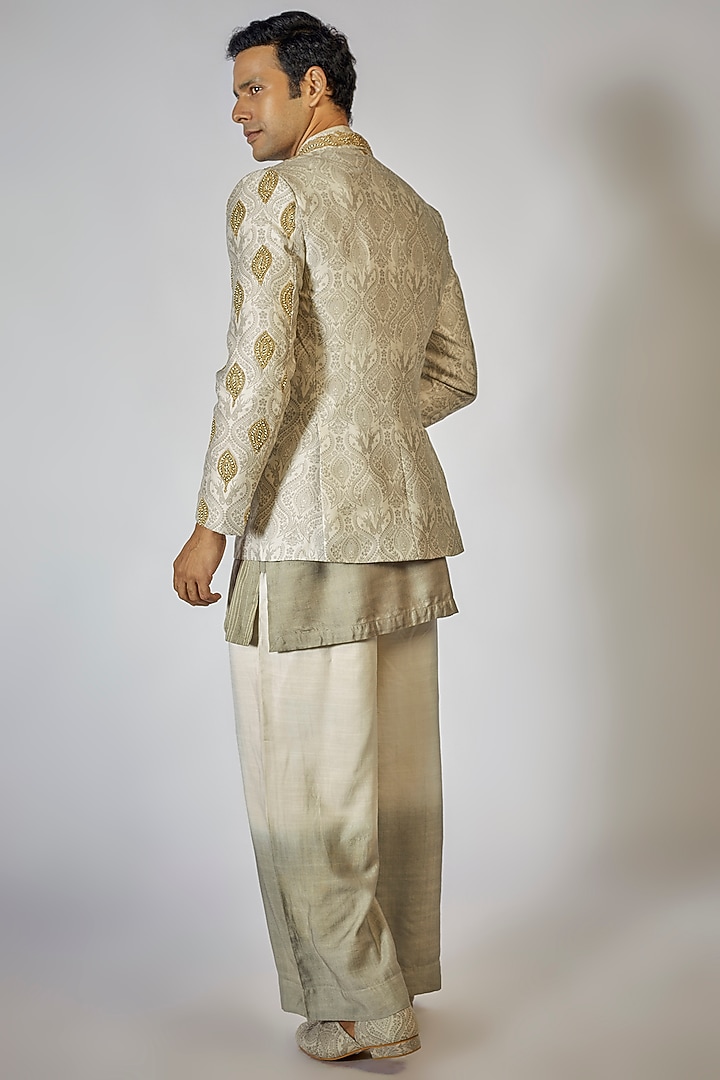 Ivory Chanderi Silk Printed & Embroidered Wedding Indowestern Set by Soniya G Men at Pernia's Pop Up Shop
