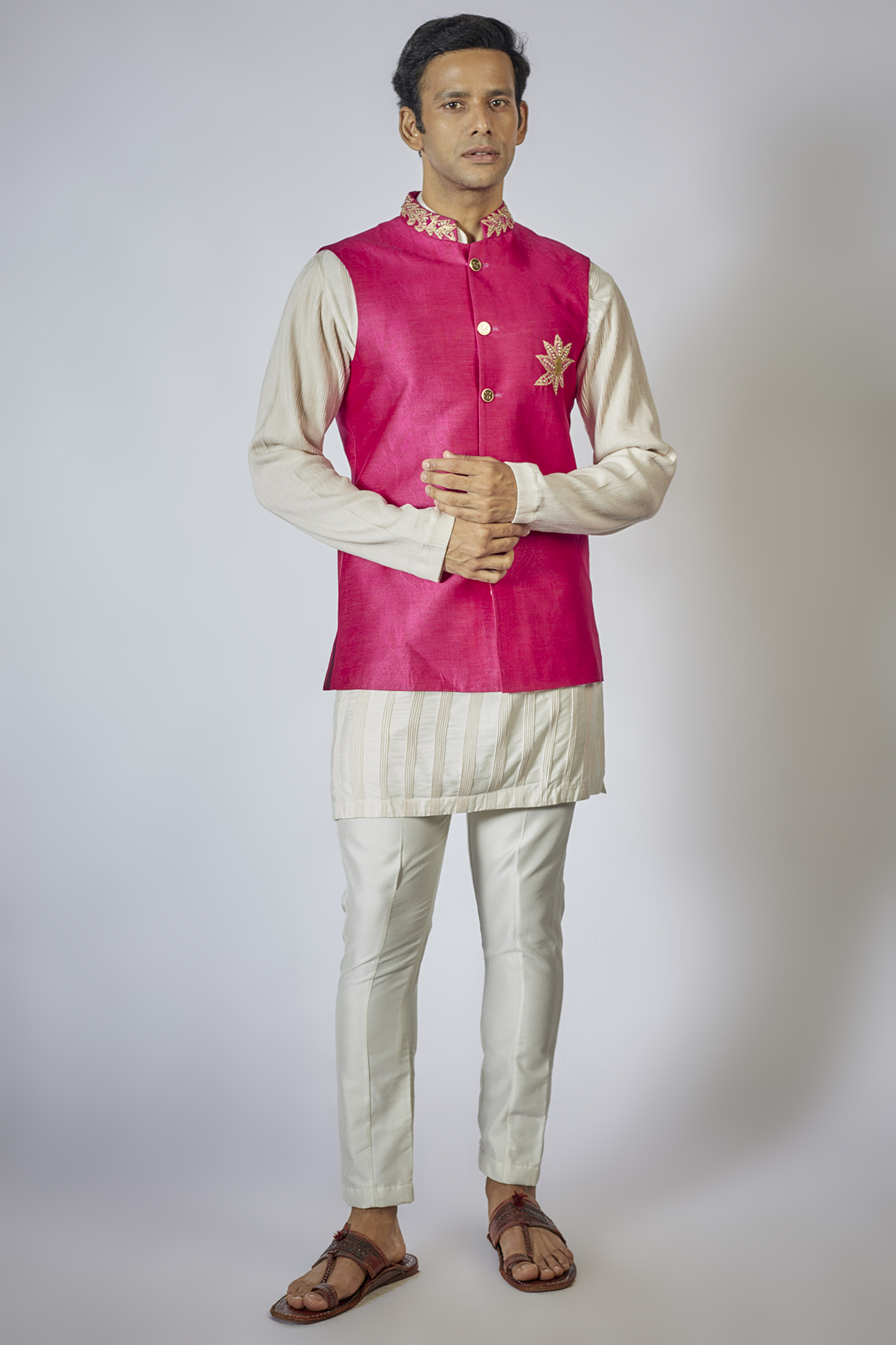 Fuschia Pink Handloom Silk Printed Nehru Jacket Set by Soniya G Men