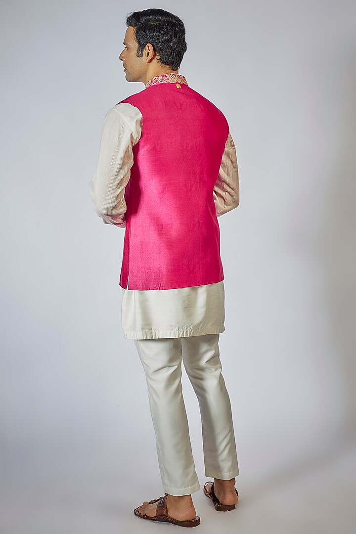Fuschia Pink Handloom Silk Printed Nehru Jacket Set by Soniya G Men at Pernia's Pop Up Shop