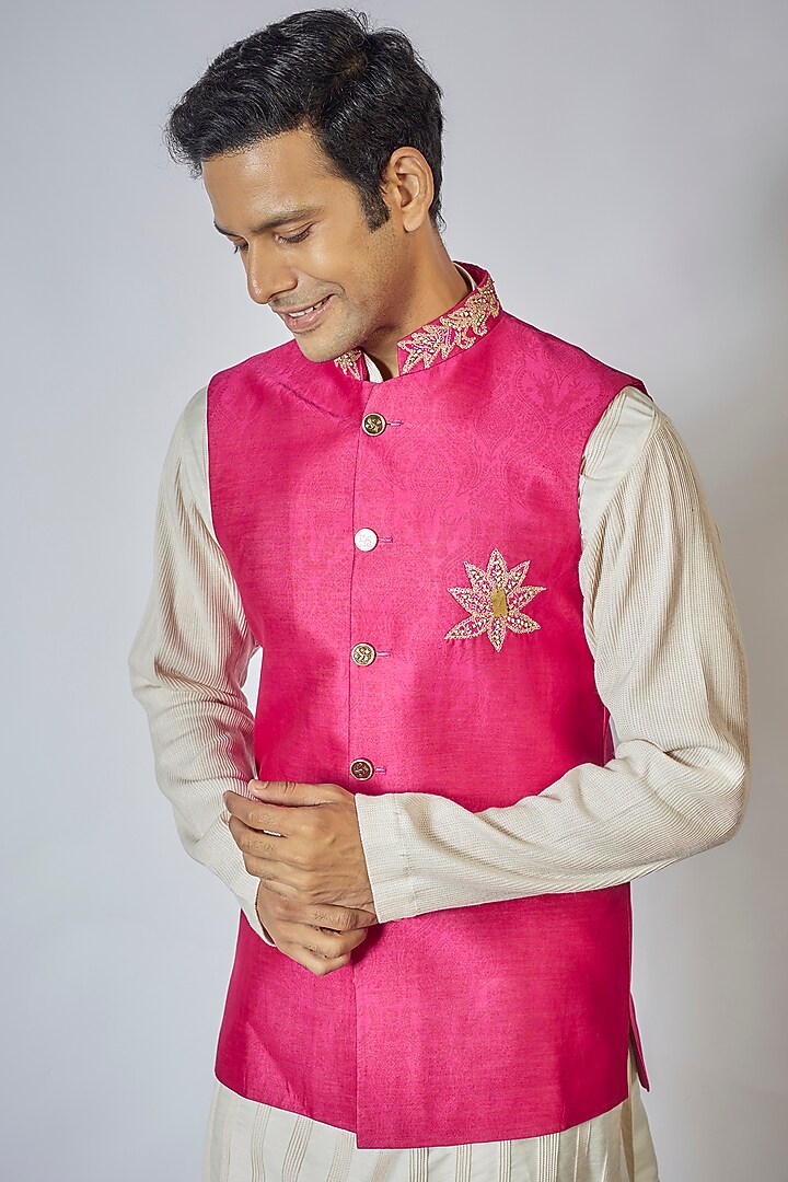 Fuschia Pink Handloom Silk Printed Nehru Jacket Set by Soniya G Men at Pernia's Pop Up Shop
