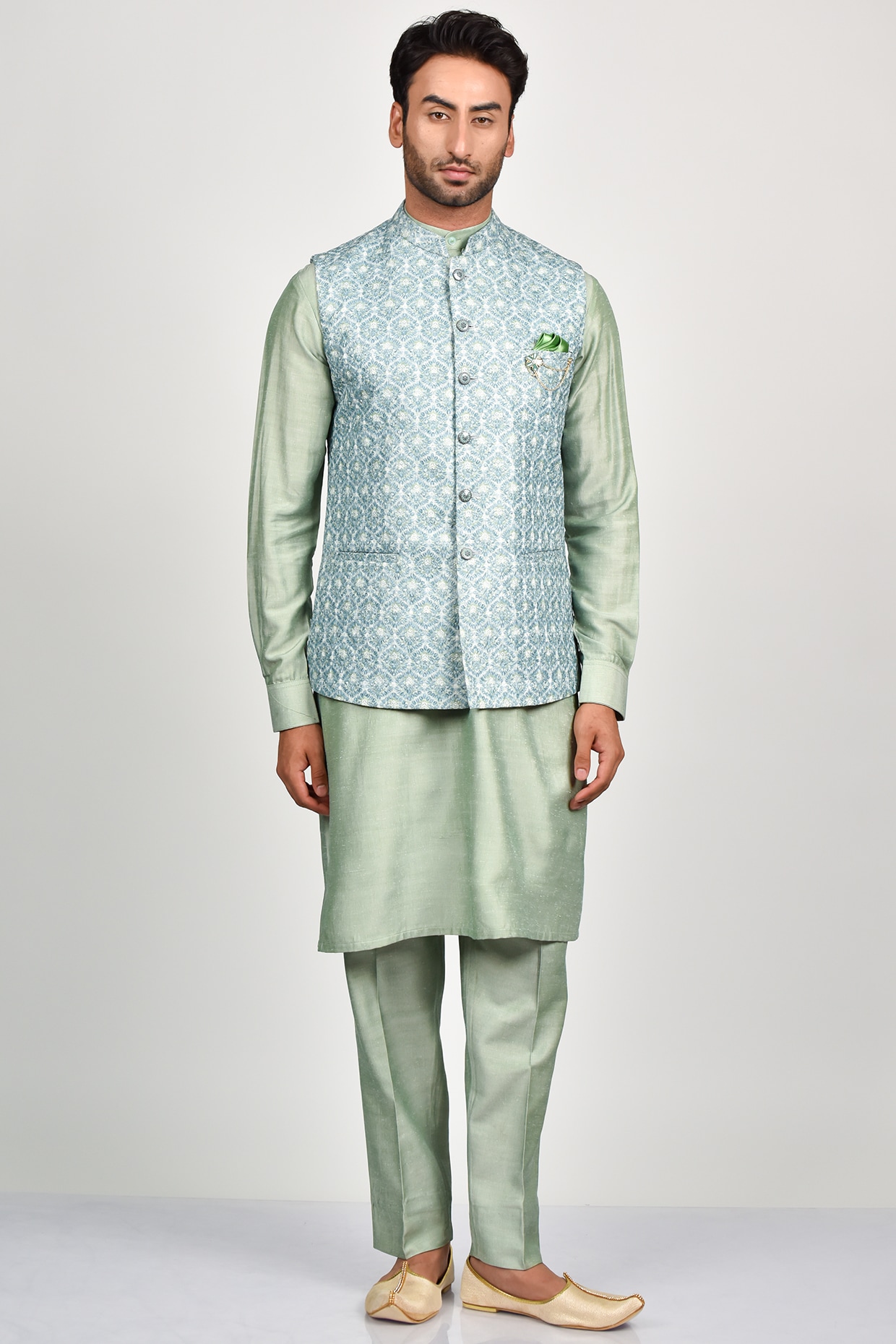 Lime Green Linen Nehru Jacket with Pastel Yellow Kurta & White Bottom –  archerslounge