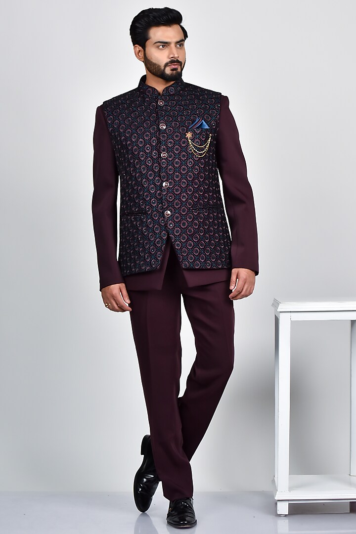 Wine Terry Rayon Jodhpuri Jacket Set by Soniya G Men