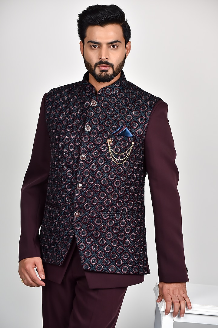 Wine Terry Rayon Jodhpuri Jacket Set by Soniya G Men at Pernia's Pop Up Shop
