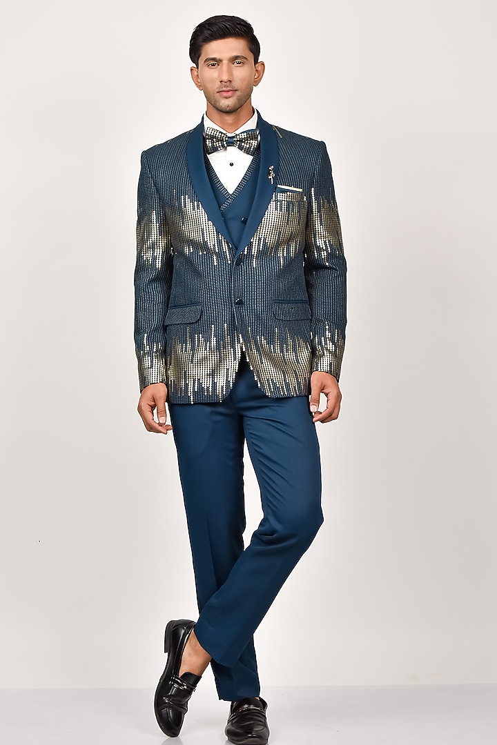 Blue & Gold Ombre Terry Rayon Blazer Set by Soniya G Men at Pernia's Pop Up Shop