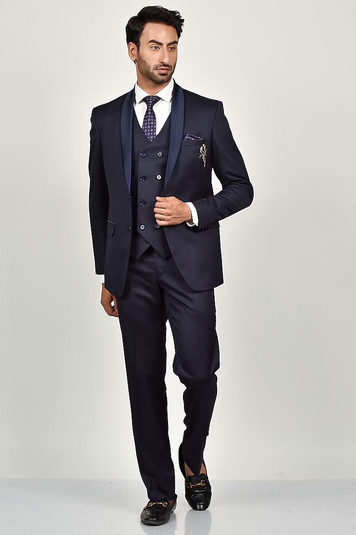 Navy Blue Terry Rayon Blazer Set by Soniya G Men at Pernia's Pop Up Shop