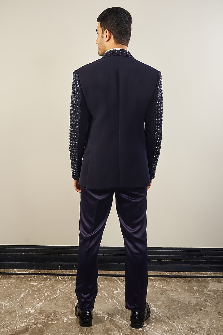 Violet Navy Blue Italian Cationic Fabric Beadwork & Sequins Embellished Tuxedo Set by Soniya G Men at Pernia's Pop Up Shop
