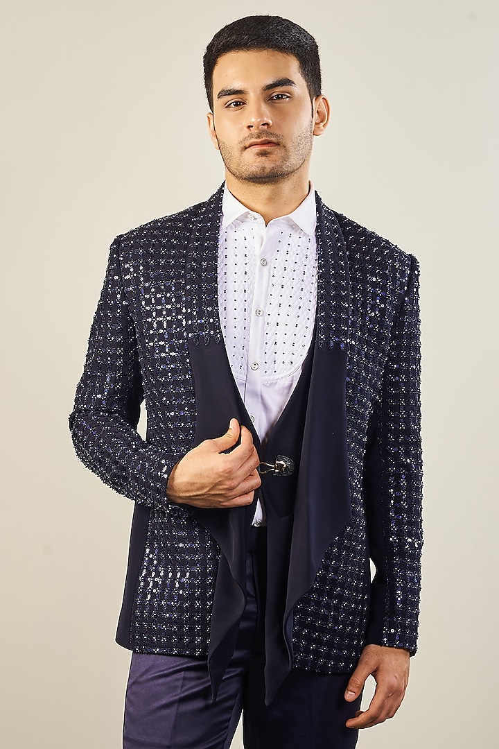 Violet Navy Blue Italian Cationic Fabric Beadwork & Sequins Embellished Tuxedo Set by Soniya G Men at Pernia's Pop Up Shop