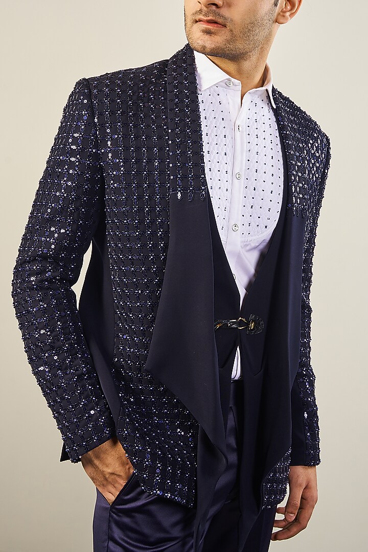 Violet Navy Blue Italian Cationic Fabric Beadwork & Sequins Embellished Tuxedo Set by Soniya G Men at Pernia's Pop Up Shop