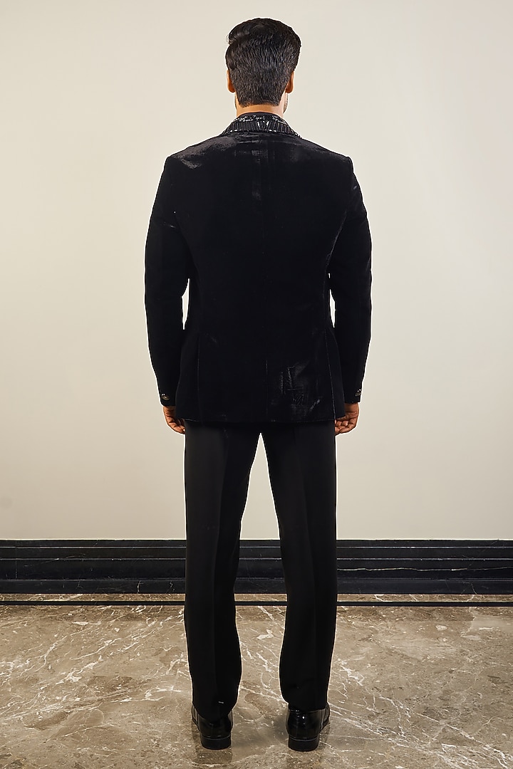 Black Velvet Silk Handwork Tuxedo Set by Soniya G Men at Pernia's Pop Up Shop