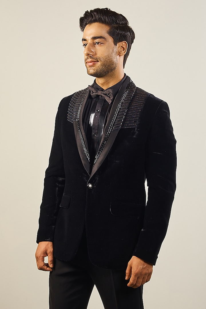 Black Velvet Silk Handwork Tuxedo Set by Soniya G Men at Pernia's Pop Up Shop