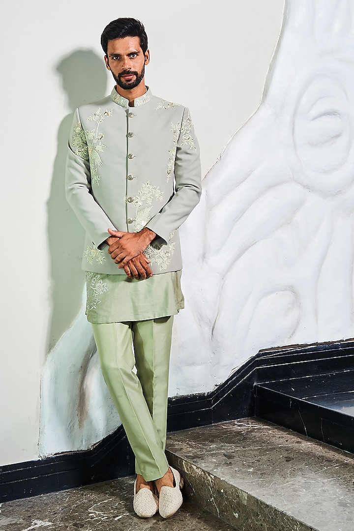 Sea Green Italian Cationic fabric Handwork Jodhpuri Set by Soniya G Men at Pernia's Pop Up Shop