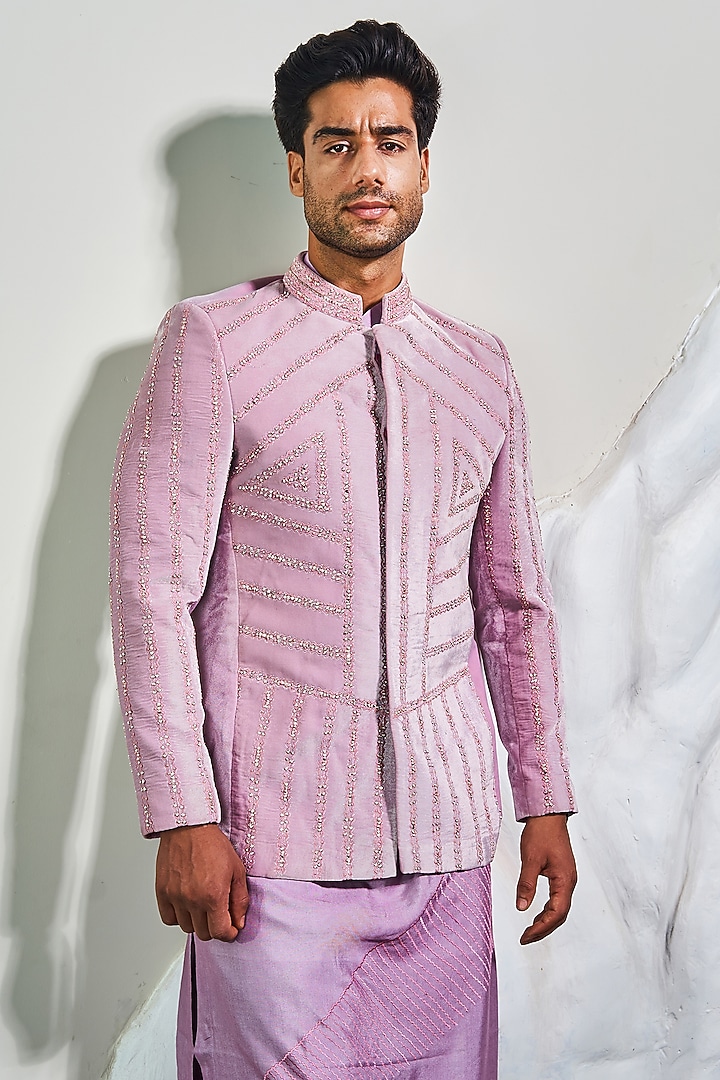 Onion Pink Velvet Silk Zardosi Handwork Jodhpuri Set by Soniya G Men at Pernia's Pop Up Shop