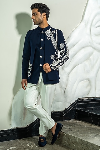 Navy Blue Italian Cationic fabric Thread Hand Embellished Jodhpuri Set by Soniya G Men