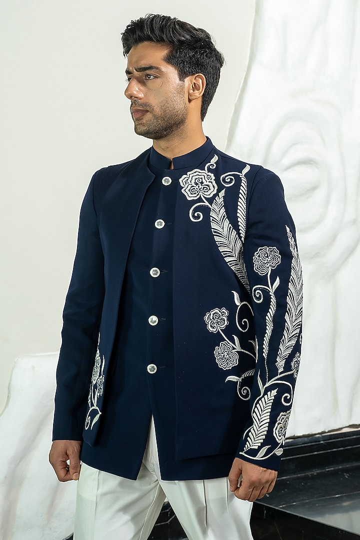 Navy Blue Italian Cationic fabric Thread Hand Embellished Jodhpuri Set by Soniya G Men at Pernia's Pop Up Shop