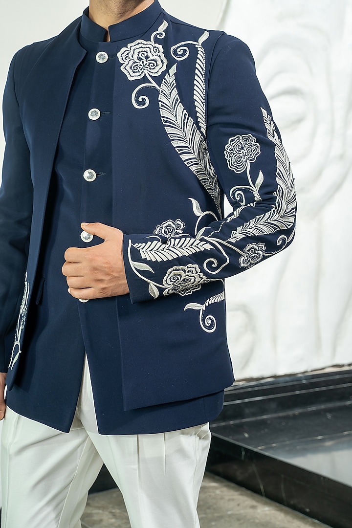 Navy Blue Italian Cationic fabric Thread Hand Embellished Jodhpuri Set by Soniya G Men at Pernia's Pop Up Shop