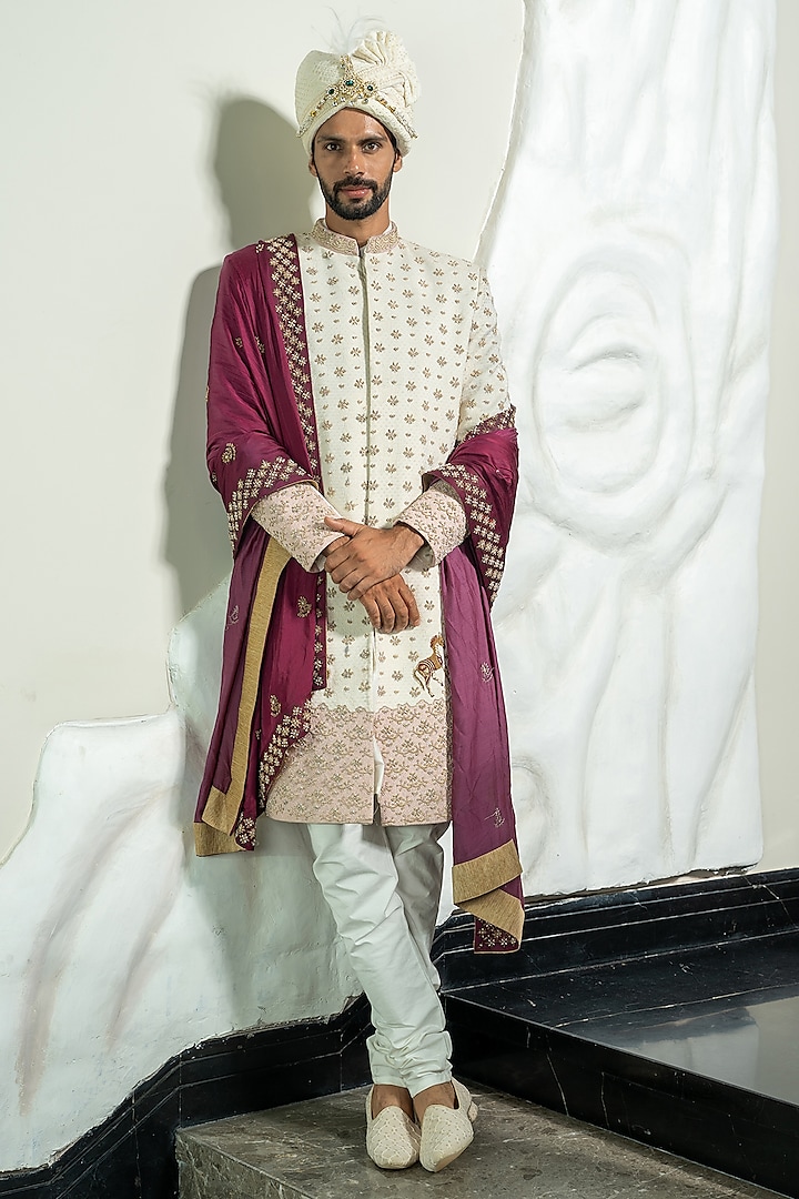 Ivory Turkish Jacquard Zardosi Handwork Groom Sherwani Set by Soniya G Men at Pernia's Pop Up Shop