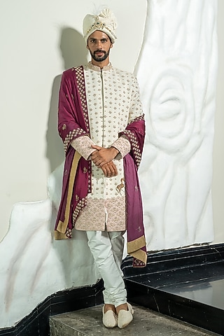 Ivory Turkish Jacquard Zardosi Handwork Sherwani Set by Soniya G Men