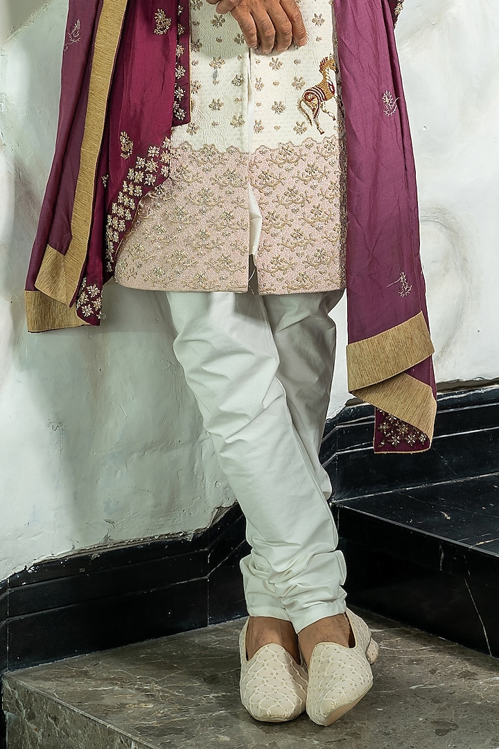 Ivory Turkish Jacquard Zardosi Handwork Groom Sherwani Set by Soniya G Men at Pernia's Pop Up Shop