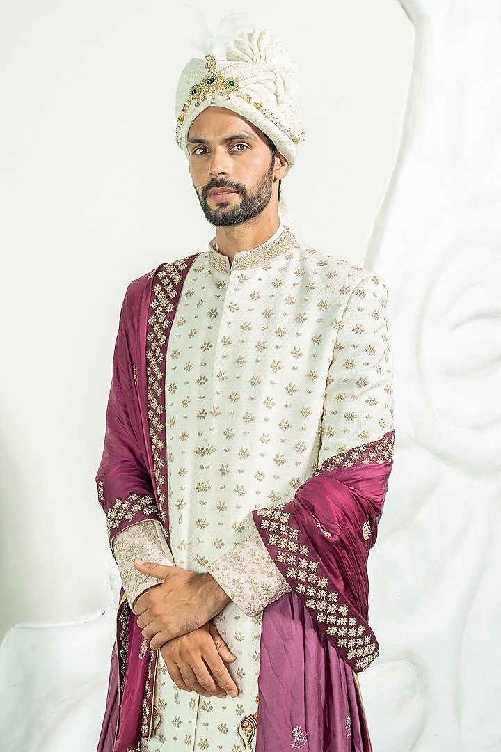 Ivory Turkish Jacquard Zardosi Handwork Groom Sherwani Set by Soniya G Men at Pernia's Pop Up Shop