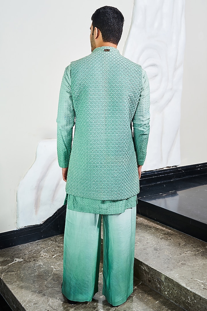 Green Silk Threadwork Wedding Indowestern Set by Soniya G Men at Pernia's Pop Up Shop