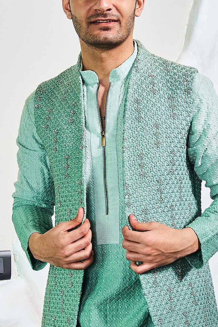 Green Silk Threadwork Wedding Indowestern Set by Soniya G Men at Pernia's Pop Up Shop