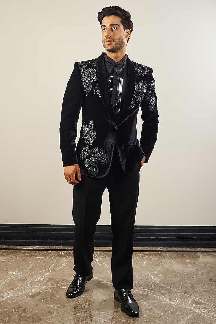 Black Velvet Silk Handwork Tuxedo Set by Soniya G Men